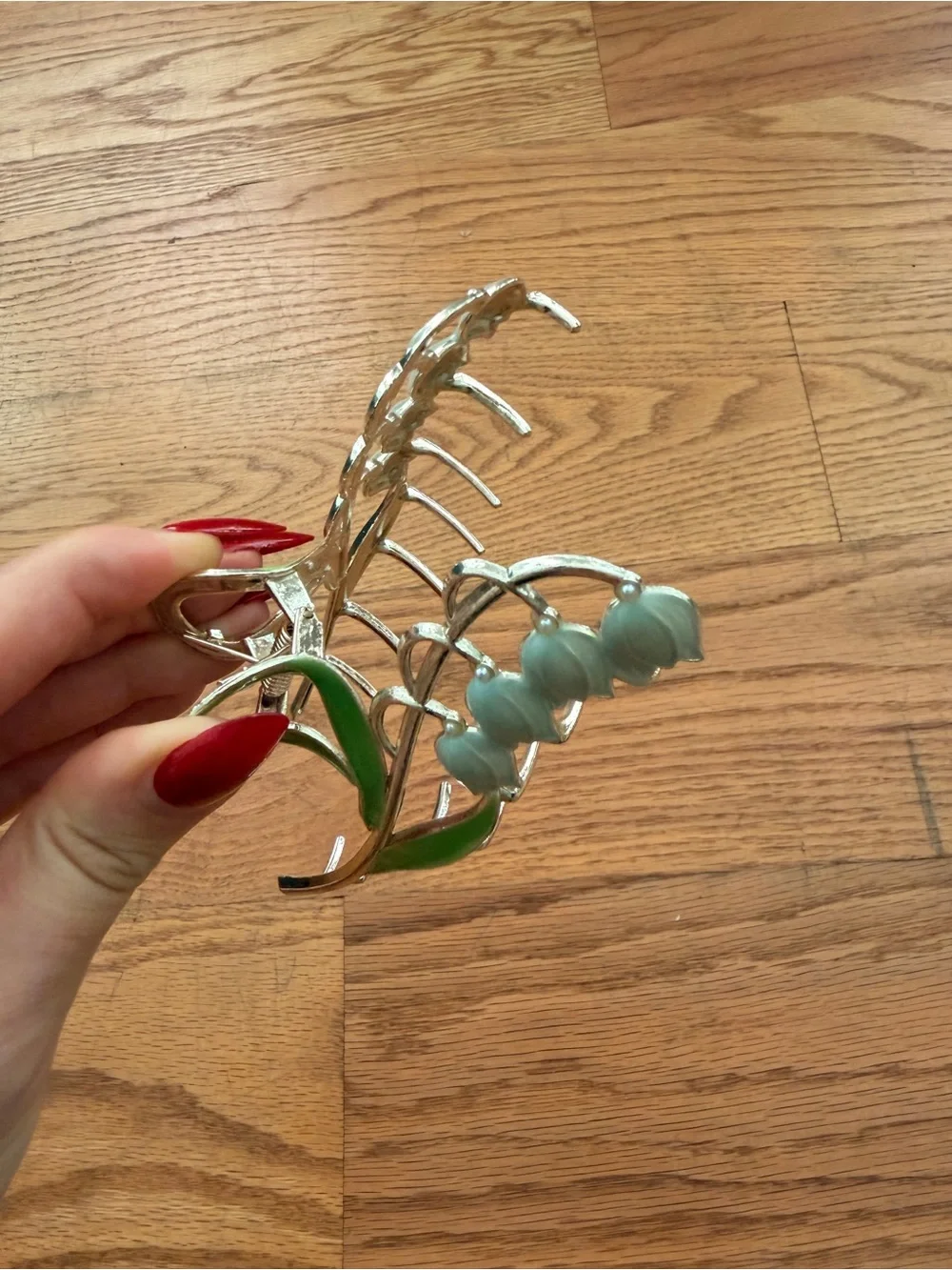 Silver Lily of the Valley Floral Hair Clip with Green Enamel